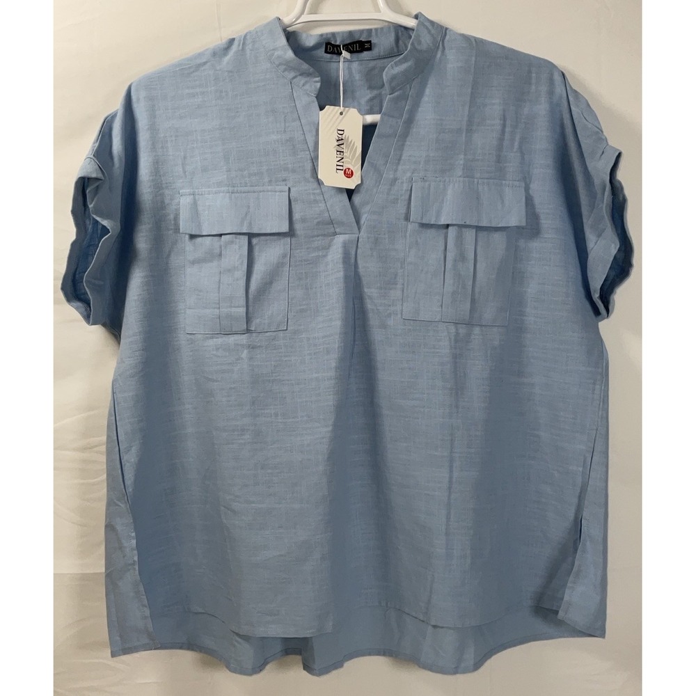NWT Women's Davenil Oversized Short Sleeve V-Neck‎ Smocked Blouse Lt Blue Medium